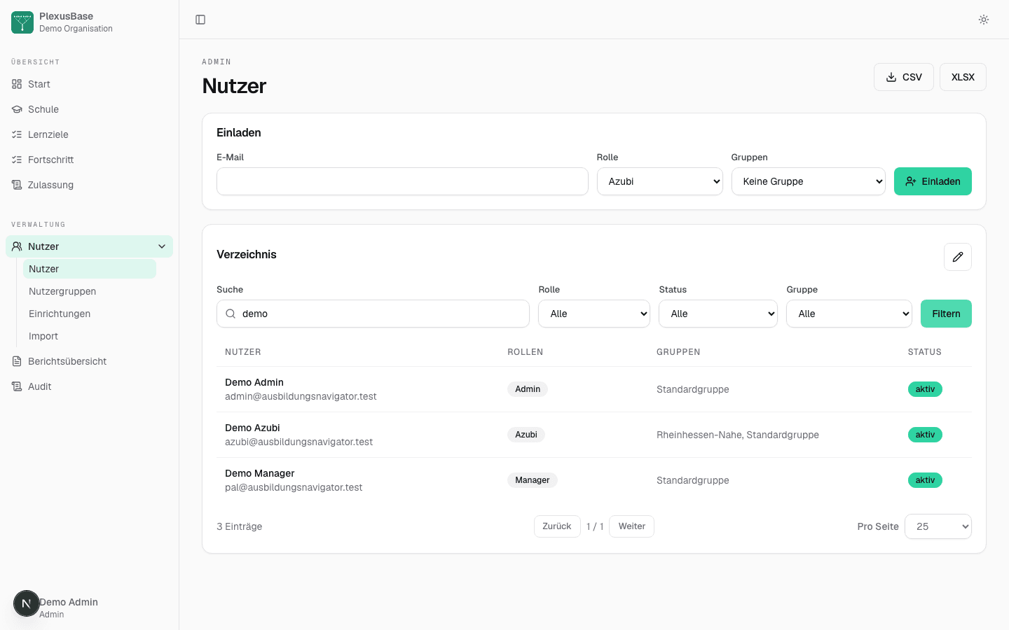PlexusBase Nutzerverwaltung
