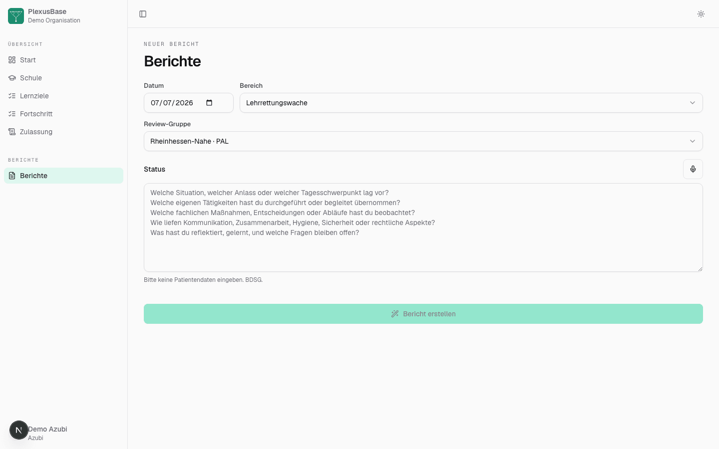 PlexusBase Berichtserfassung im Browser